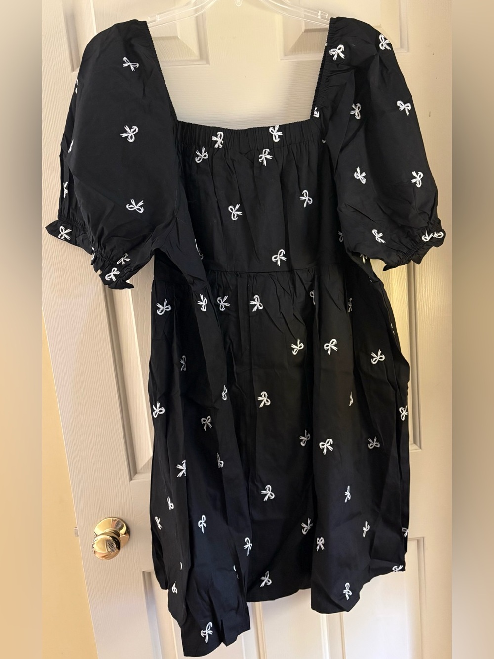 New In Very J Black Puff Sleeve Dress with White Bow Embroidery